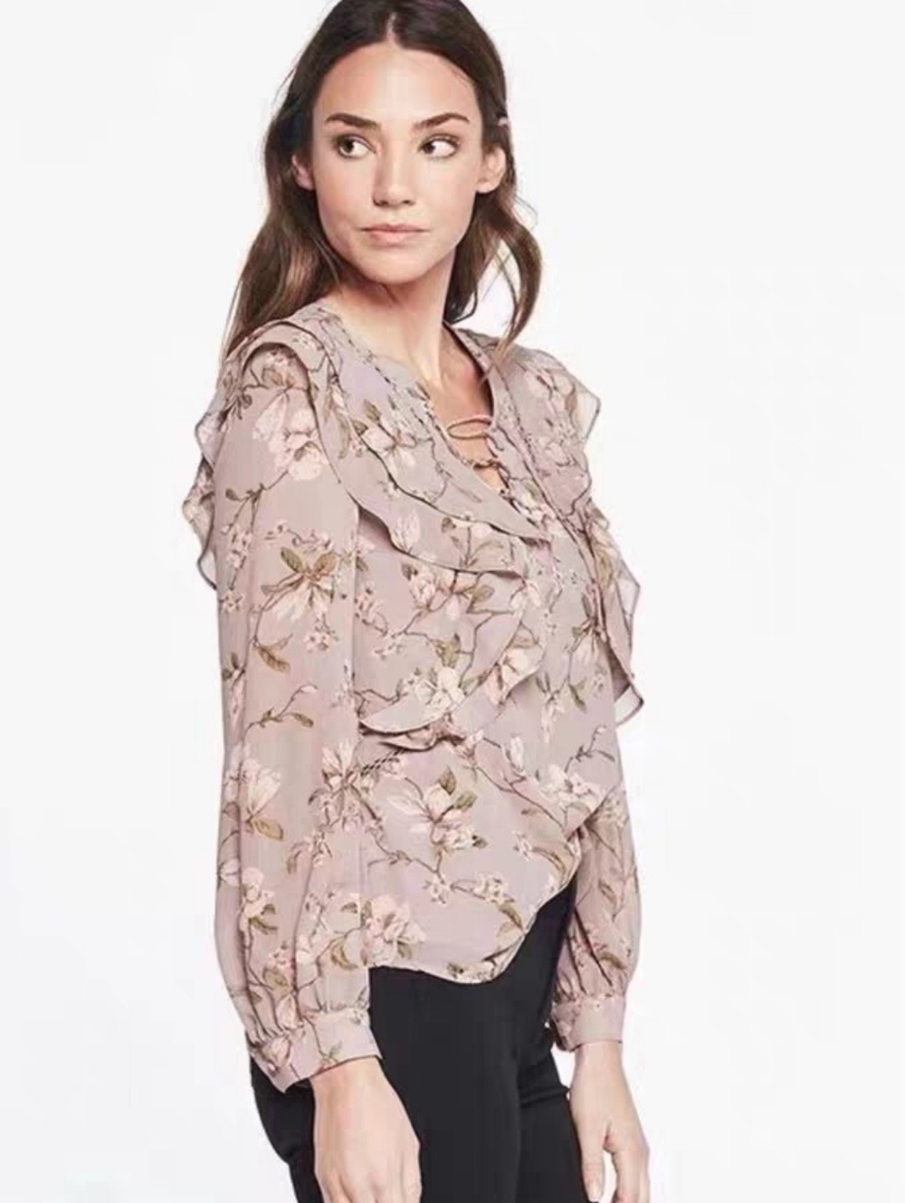 Socialite Mauve Floral Lace-Up Ruffle Blouse - Pink Floral - Picture 4 of 9